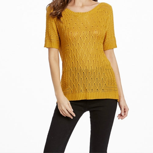 Summer Hollow Hooded Short-sleeved Sweater T-shirt, Size: XL(Yellow )