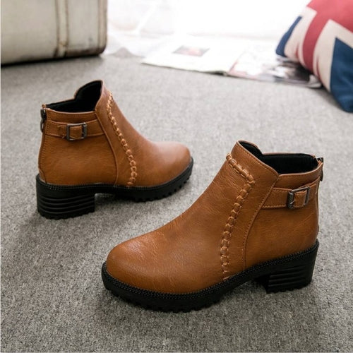 Round Toe Zippers Chunky Boots Short Plush Square Heels Ankle Boots for Women, Size:37(Brown)