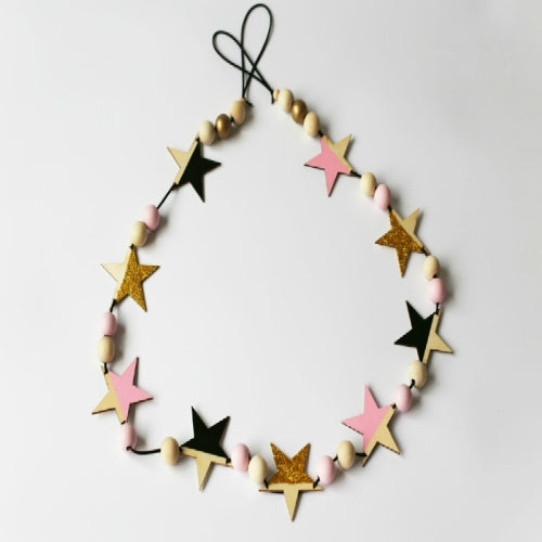Wooden Stars Banner Curtains Children Room Children Clothing Store Wall Decoration(Pink Gold Black )