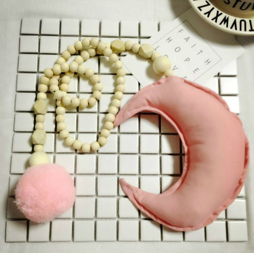 Moon and Hair Ball Wooden Beaded Ornaments Children's Room Game Tent with Decoration(Pink)