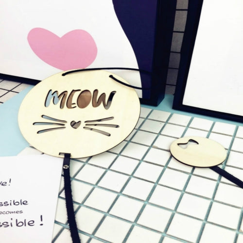 Photo Show Wooden Cowhide Rope Wall Decoration Card Children Room Decoration(Meow)