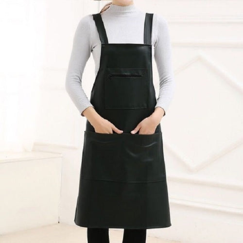 Waterproof Oil Proof Soft Leather Thick Wear-resistant Men and Women Overalls Apron(Black)