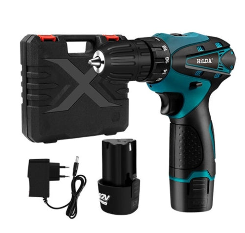 HILDA Electric Drill Cordless Screwdriver Lithium Battery Mini Drill Cordless Screwdriver Power Tools, EU Plug, Model:16.8V with Plastic Box