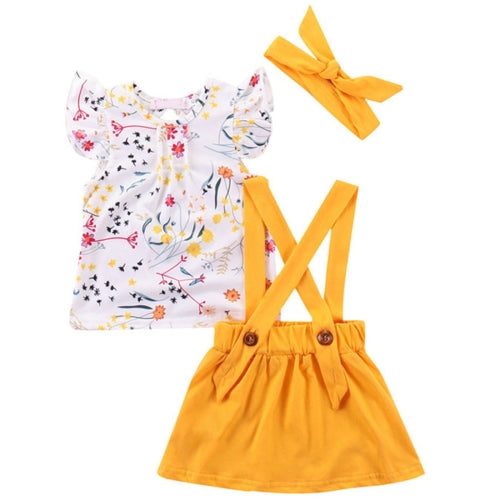 Summer Girls Sleeveless Floral T-Shirt + Sling Dress Set, Kid Size:100cm(Yellow)
