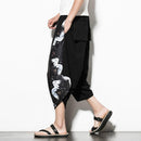 Men Casual Loose Large Size Printed Cotton and Linen Cropped Trousers Wide Leg Pants, Size: M(Black White)