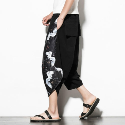 Men Casual Loose Large Size Printed Cotton and Linen Cropped Trousers Wide Leg Pants, Size: M(Black White)