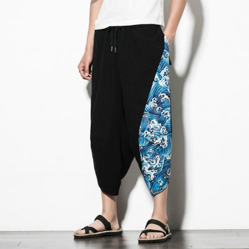 Men Casual Loose Large Size Printed Cotton and Linen Cropped Trousers Wide Leg Pants, Size: XXL(Black Blue)