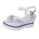 Word Buckle With Rhinestone Platform Sponge Sandals, Shoe Size:37(White)