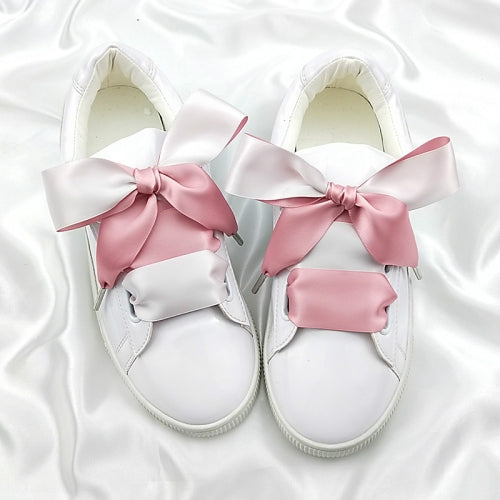 Double Color Satin Shoelaces Metal Head Bowknot Sneaker Sport Shoes White Shoes Laces, Length:80cm(Pink+White)