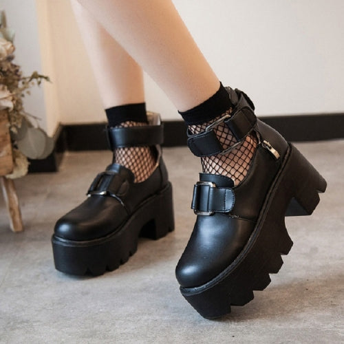Retro Round Head Muffin Bottom Leather Shoes Princess Shoes, Size:38(Black)