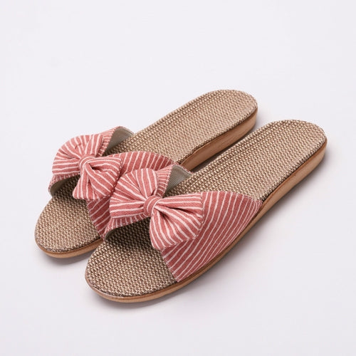 Women Open Toe Linen Striped Home Indoor Slippers, Size:35-36(Red)