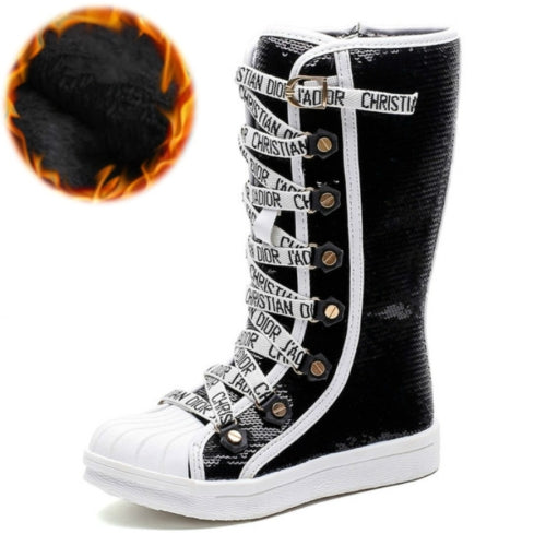 Sequined Girls High Boots, Size:33(Black Cotton Shoe)