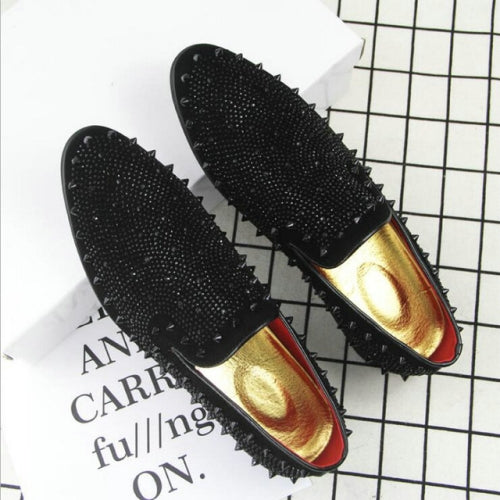 Men Rivet Rhinestone Black Pointed Toe Flats Shoes, Shoe Size:42(Black)