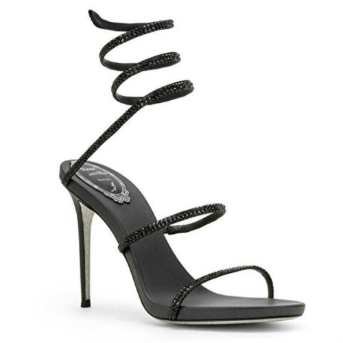 Lace-up High Heels Roman Sandals with Thin Heels Snake-Shaped Winding Water Drill Cool Shoes, Shoe size:34(Black8cm)
