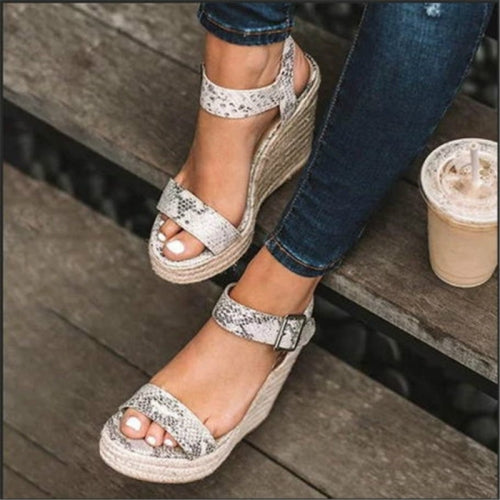 Fish Mouth Wedge Bottom Belt Buckle Hemp Rope Women Sandals, Size:41(Snake)