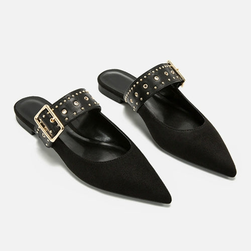 Rivets Mules Pointed Head Toe Flat Bottom Slipper, Size:38(Black)