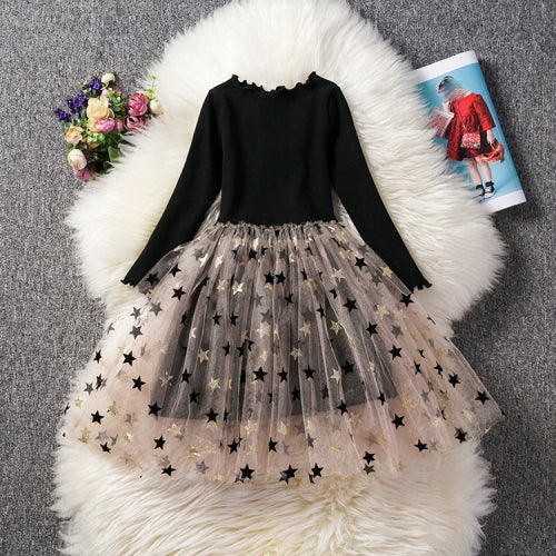 Autumn Girls Star Pattern Lace Sequins Long Sleeve Tutu Dress, Kid Size:110cm(Black)