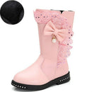 Winter Children High Bow Tie Skirt Boots, Size:36, Color:Pink Thin Cotton
