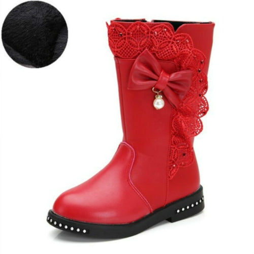 Winter Children High Bow Tie Skirt Boots, Size:35, Color:Red Thin Cotton