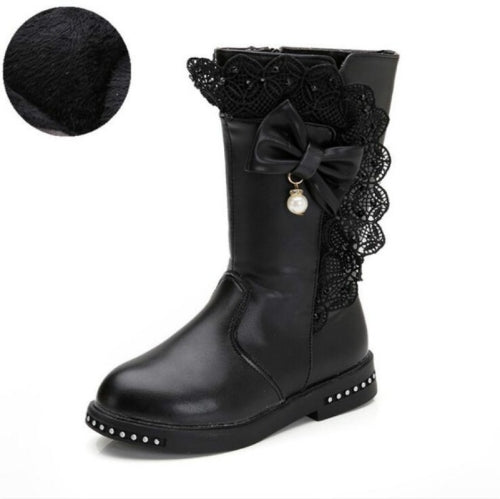Winter Children High Bow Tie Skirt Boots, Size:33, Color:Black Thin Cotton