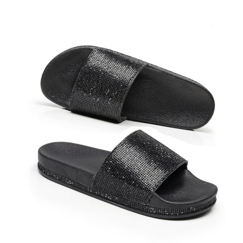 Rhinestone Women Slippers Bling Beach Slides, Size:38(Black)