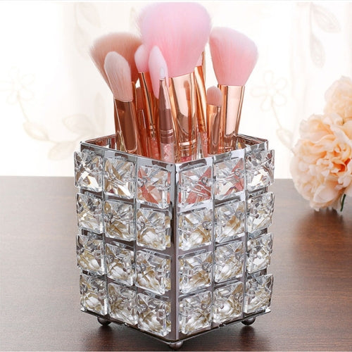 Metal Crystal Square Makeup Brush Storage Box Pen Storage Bucket(Silver)