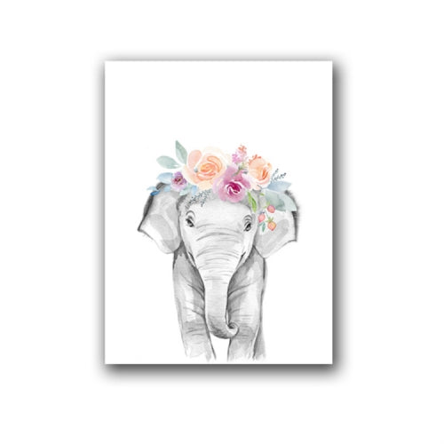 Children Room Decoration Painting Cute Animal Head with Flower Frameless Painting Core, Size:50x70cm(Elephant)