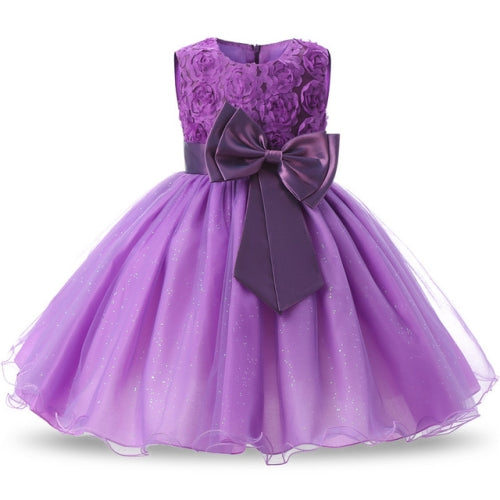 Purple Girls Sleeveless Rose Flower Pattern Bow-knot Lace Dress Show Dress, Kid Size: 120cm