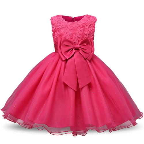 Rose Red Girls Sleeveless Rose Flower Pattern Bow-knot Lace Dress Show Dress, Kid Size: 90cm