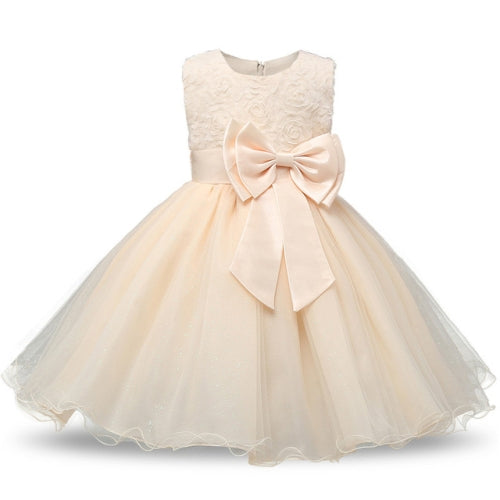 Champagne Girls Sleeveless Rose Flower Pattern Bow-knot Lace Dress Show Dress, Kid Size: 140cm