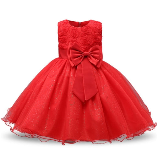 Red Girls Sleeveless Rose Flower Pattern Bow-knot Lace Dress Show Dress, Kid Size: 120cm