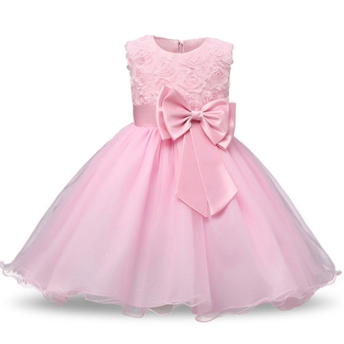 Pink Girls Sleeveless Rose Flower Pattern Bow-knot Lace Dress Show Dress, Kid Size: 100cm