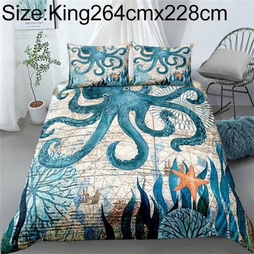 Bedding Marine Series Whale Turtle Octopus Quilt Cover Three-piece, Size:King264cmx228cm(Octopus)