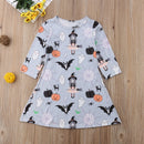 Autumn Girls Cartoon Halloween Print Long Sleeve Dress, Kid Size:100cm(Gray)