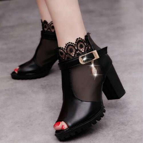 Lace Yarn Fish Mouth Shoes Breathable Shoes High-Heeled Sandals Shoes, Size:38(Black)