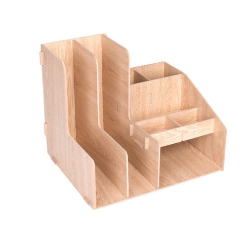 Deli Wooden File Information Shelf Stationery Shelf Bookshelf Creative Office Supplies Desktop Storage File Box, Model:Double with Pen Holder