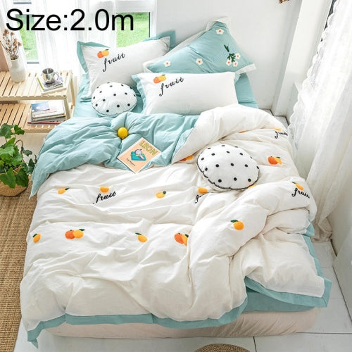 Washed Cotton Embroidery Solid Color Bed Linen Quilt Pillowcase 4PCS, Size:2.0m-4PCS(Small Orange-White)