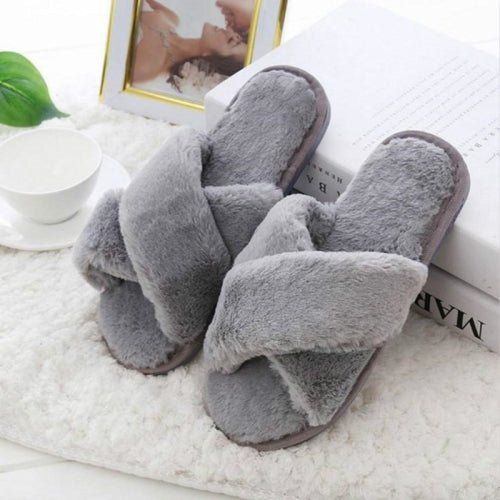 Cross Warm Plush Women Slippers, Size:38(Gray)
