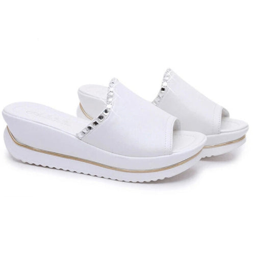 Women PU Leather Sandals Slides Wedges Platform Shoes, Size:39(White)