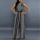 Single-Breasted High-Waisted Belt Wide-Leg Pants Jumpsuit, Size:XXL(Striped Black)
