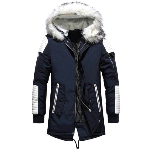 Winter Men Thicken Warm Parkas Casual Long Outwear Hooded Collar Jackets Coats, Size:L(Blue White)