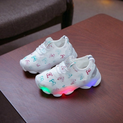 Children Shoes Butterfly Pattern Crystal Led Luminous Sport Run Sneakers Shoes, Size:24(White )