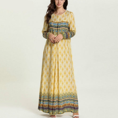 2 PCS Large Size Women's Floral Retro Ethnic Dress Front Slit Zipper Breastfeeding Dress, Size:M(Yellow)