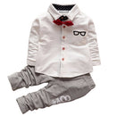 Boys Bow Tie Long Sleeve Top + Letter Print Pattern Pants Set, Kid Size: S(White)