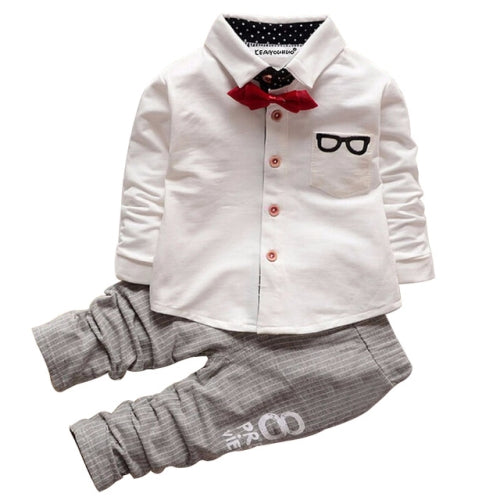 Boys Bow Tie Long Sleeve Top + Letter Print Pattern Pants Set, Kid Size: S(White)