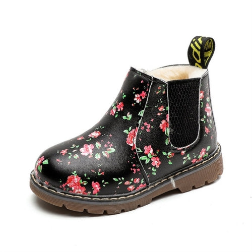 Children Ankle Boots Floral Flower Print Martin Boots, Shoe size:22(Cotton lining Black)