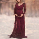 V Neck Dress Lace Long Dress for Mother Pregnancy Dress, Size:XL(Red Wine)
