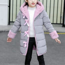 Winter Girls Mid-length Thick Warm Bow-knot Hooded Cotton Clothes Jacket, Kid Size:160cm(Pink)