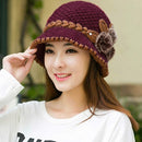 Autumn and Winter Middle-aged Ladies Wool Crochet Flower Decoration Warm Knit Hat, Size:One Size(Red Wine)