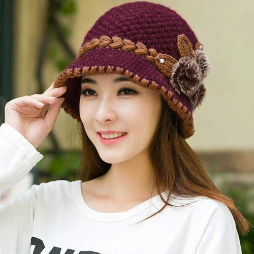 Autumn and Winter Middle-aged Ladies Wool Crochet Flower Decoration Warm Knit Hat, Size:One Size(Red Wine)